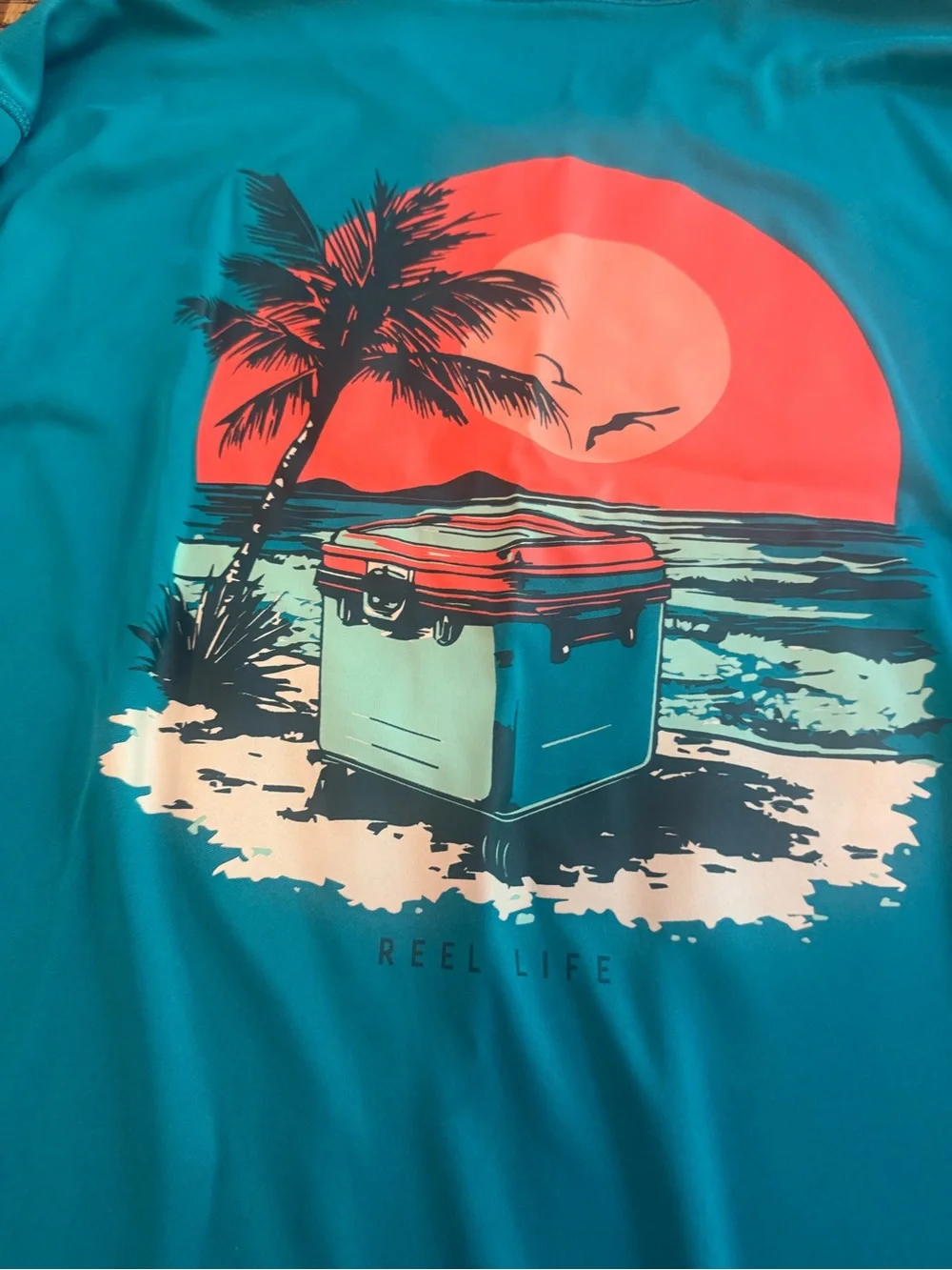 Men's Large Reel Life Teal Long-Sleeve Rash Guard with Coastal Cooler Graphic